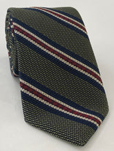 Midnight Blue, Red & Off-White on Olive Green Grenadine Fina and Grossa Stripe Silk Tie 4